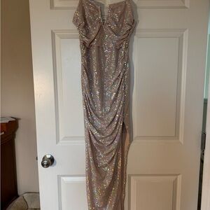 Selfie Leslie Champagne Sequin Draped Maxi Dress